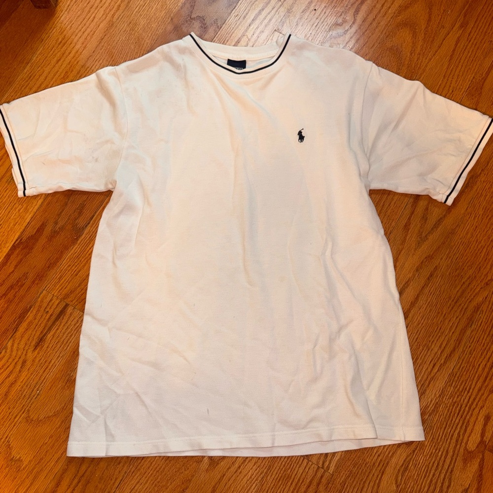 🌸 Ralph Lauren White Crew Neck T-Shirt with Navy Trim & Polo Logo